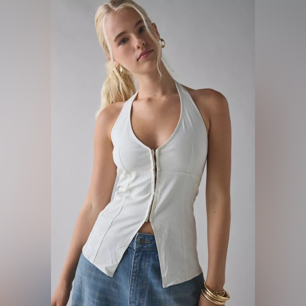 UO Sari Seamed Linen-Blend Halter Vest Top
